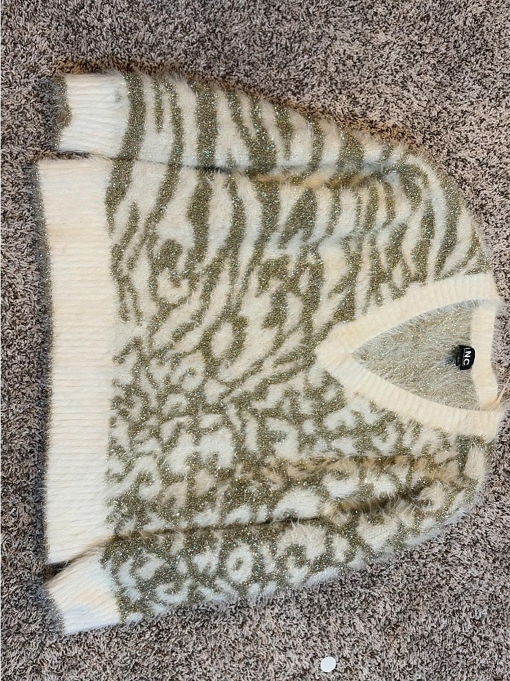 INC International Concepts Cream and Olive V-Neck Fuzzy Knit Sweater